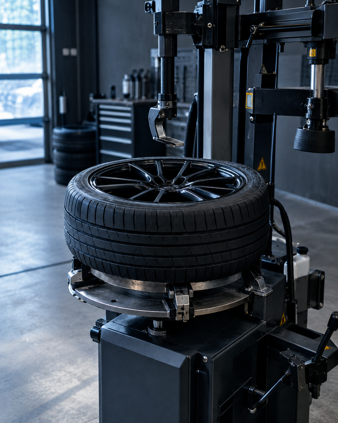 Bandenwisselmachine in de werkplaats, close-up